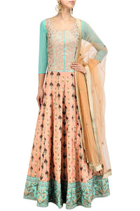 Buy beautiful turquoise and peach floor length silk Anarkali online in USA with dupatta. Stay updated with latest trends and styles with designer dresses, gowns, Indowestern dresses from Pure Elegance clothing store in USA or shop online.-full view