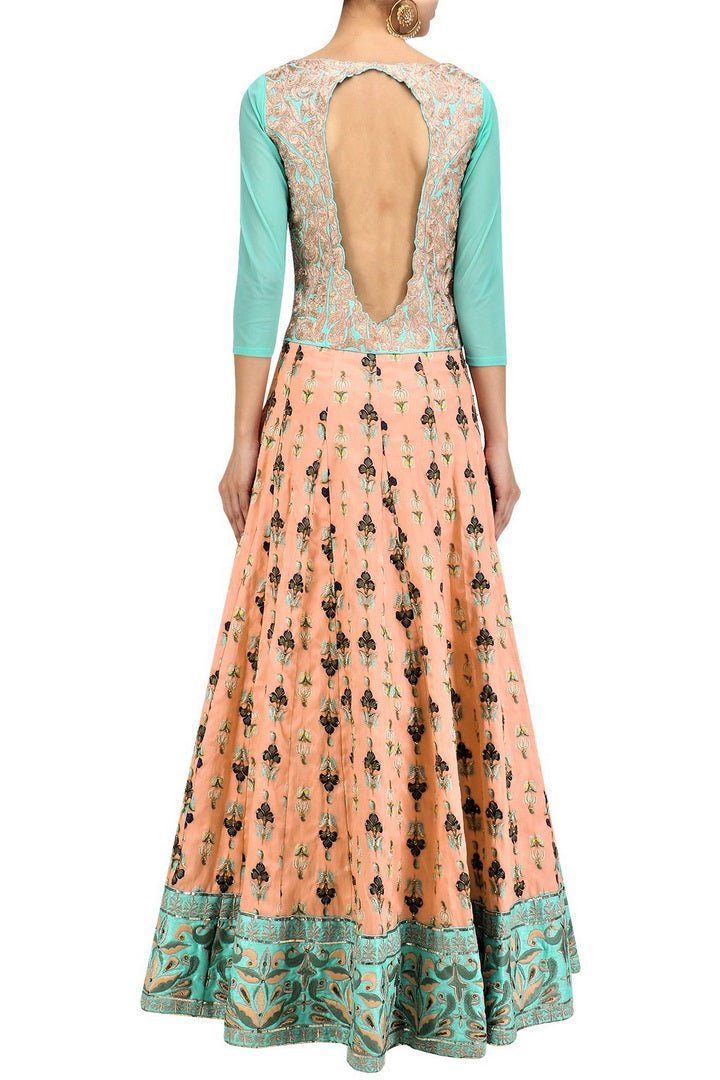 Buy beautiful turquoise and peach floor length silk Anarkali online in USA with dupatta. Stay updated with latest trends and styles with designer dresses, gowns, Indowestern dresses from Pure Elegance clothing store in USA or shop online.-back