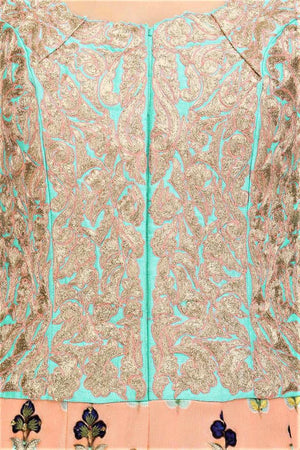 Buy beautiful turquoise and peach floor length silk Anarkali online in USA with dupatta. Stay updated with latest trends and styles with designer dresses, gowns, Indowestern dresses from Pure Elegance clothing store in USA or shop online.-embroidery