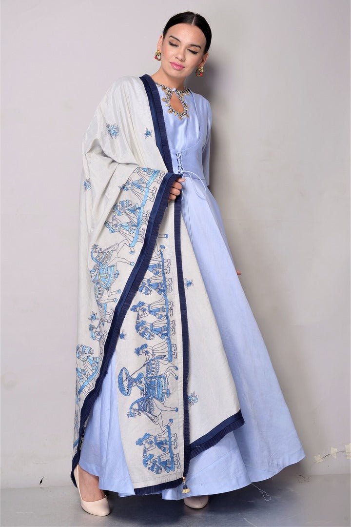 Buy Sky Blue and Grey Suit with Baraat Embroidered Dupatta online in USA. To buy more such exquisite Indian designer suits in USA, shop at Pure Elegance Indian fashion store for women in USA or shop online.-full view