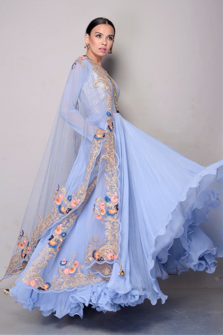 Buy Sky Blue Chiffon Anarkali Suit with Net Dupatta  online in USA. To buy more such exquisite Indian designer suits in USA, shop at Pure Elegance Indian fashion store for women in USA or shop online.-full view