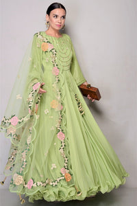Buy Sage Green Chiffon Anarkali with Net Dupatta online in USA. Bring glamor to your Indian style with exquisite Indian designer suits, Anarkali suits, Indian party dresses available at Pure Elegance clothing store in USA or shop online.-full view