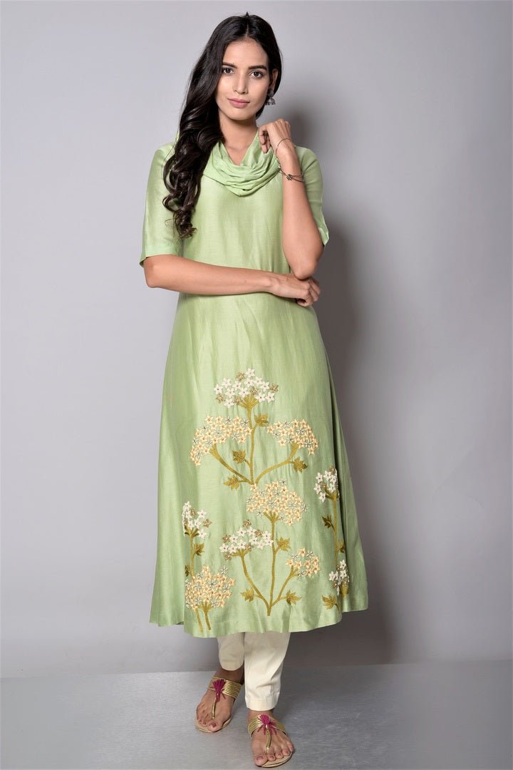 Shop Sage Green Embroidered Kurta with Pants online in USA. To buy more such exquisite Indian designer dresses in USA, shop at Pure Elegance Indian fashion store for women in USA or shop online.-full view