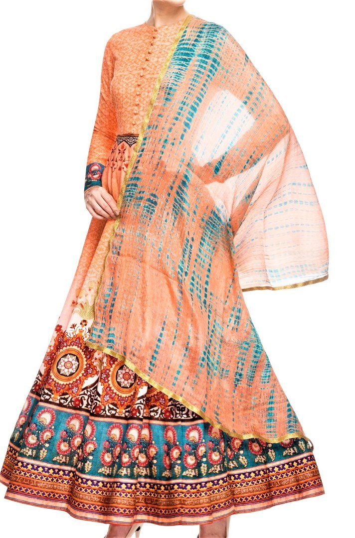 Buy peach color digital print Anarkali online in USA with churidaar. Shine with rich ethnic outfits at weddings and special occasions from Pure Elegance clothing store in USA. An exquisite collection of Indian designer dresses, wedding lehengas, party dresses, and much more is waiting for you on online and in our store.-full view