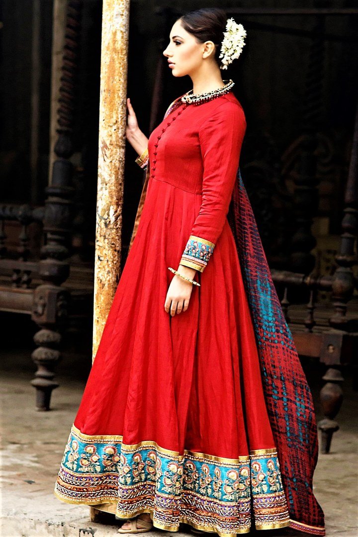 Buy maroon color gota patti embroidery Anarkali online in USA with churidaar. Shine with rich ethnic outfits at weddings and special occasions from Pure Elegance clothing store in USA. An exquisite collection of Indian designer dresses, wedding lehengas, party dresses, and much more is waiting for you on online and in our store.-side view