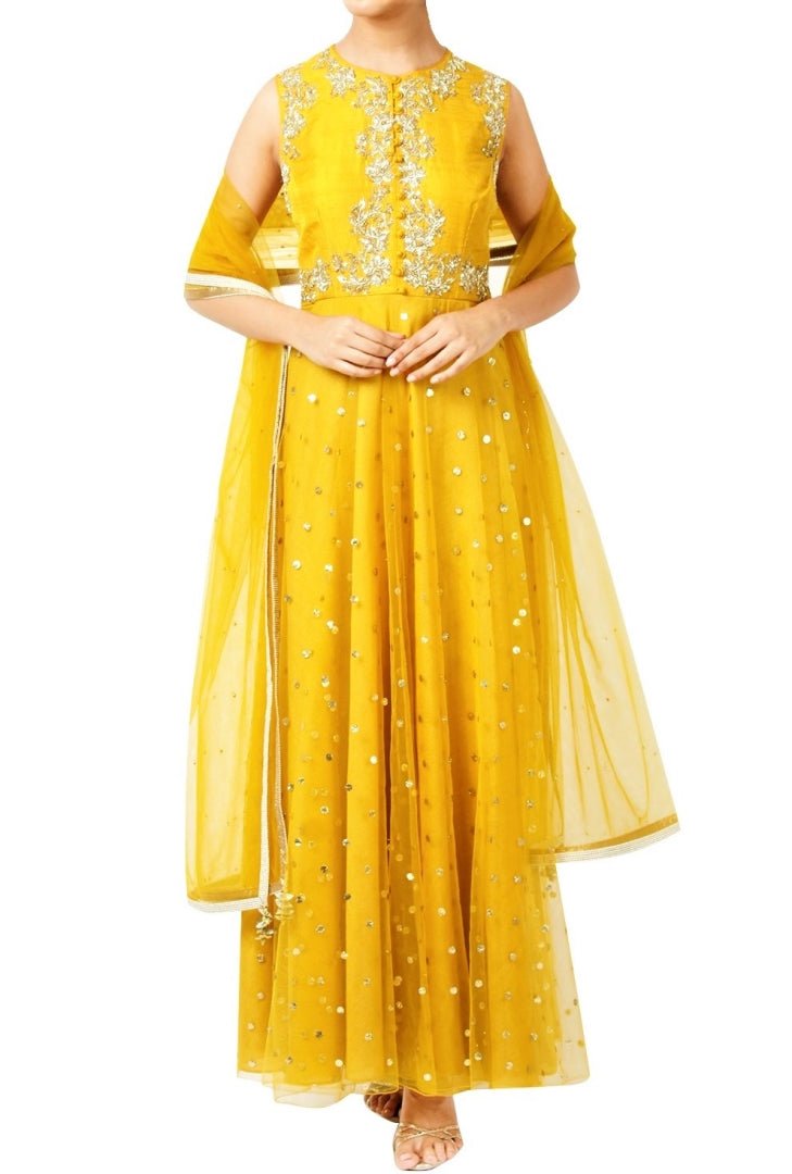 Shop bright yellow cold shoulder raw silk Anarkali online in USA with churidaar. Shine with rich ethnic outfits at weddings and special occasions from Pure Elegance clothing store in USA. An exquisite collection of Indian designer dresses, wedding lehengas, party dresses, and much more is waiting for you on online and in our store.-full view