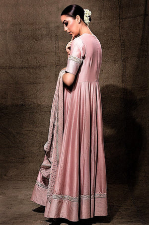 op blush pink embroidered chanderi Anarkali online in USA with dupatta. Shine with rich ethnic outfits at weddings and special occasions from Pure Elegance clothing store in USA. An exquisite collection of Indian designer dresses, wedding sarees, party dresses, and much more is waiting for you on online and in our store.-back