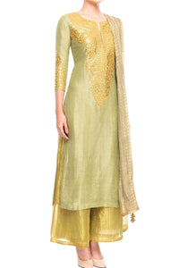 Shop sage green embroidered linen kurta with palazzo online in USA and dupatta. Shine with rich ethnic outfits at weddings and special occasions from Pure Elegance clothing store in USA. An exquisite collection of Indian designer dresses, wedding sarees, party dresses, and much more is waiting for you on online and in our store.-full view