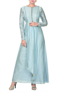 Buy designer bluish grey layered chanderi dress online in USA at Pure Elegance. Make your festive collection exquisite with a range of Indian designer dresses, suits, Anarkali dresses from our exclusive clothing store in USA. You can also browse through our online store and shop online.-full view