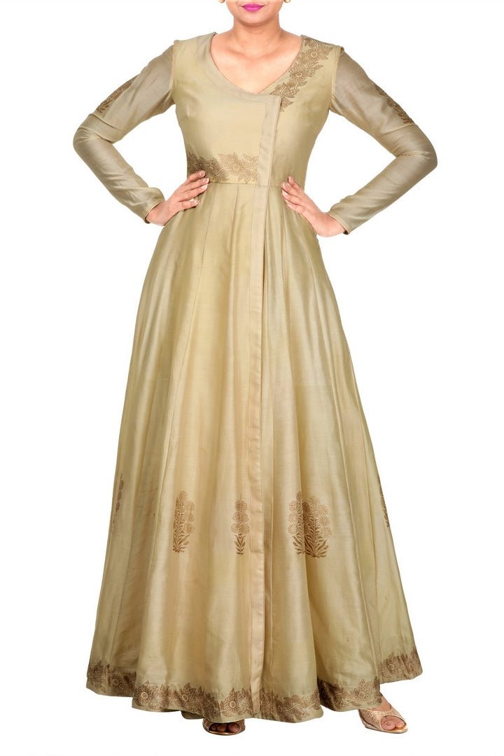 Buy beige gold and maroon chanderi angrakha Anarkali online in USA at Pure Elegance. Make your festive collection exquisite with a range of Indian designer dresses, suits, Anarkali dresses from our exclusive clothing store in USA. You can also browse through our online store and shop online.-full view