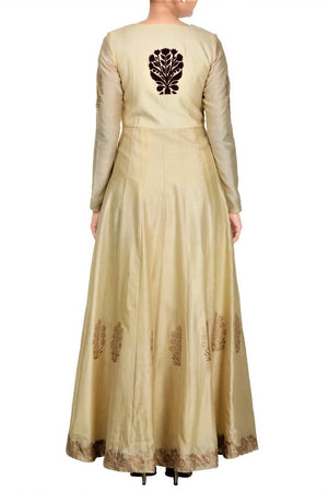 Buy beige gold and maroon chanderi angrakha Anarkali online in USA at Pure Elegance. Make your festive collection exquisite with a range of Indian designer dresses, suits, Anarkali dresses from our exclusive clothing store in USA. You can also browse through our online store and shop online.-back