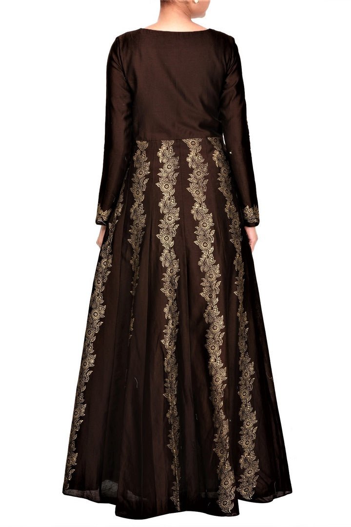 Shop beautiful brown color kora chanderi floor length Anarkali online in USA at Pure Elegance. Make your festive collection exquisite with a range of Indian designer dresses, suits, Anarkali dresses from our exclusive clothing store in USA. You can also browse through our online store and shop online.-back