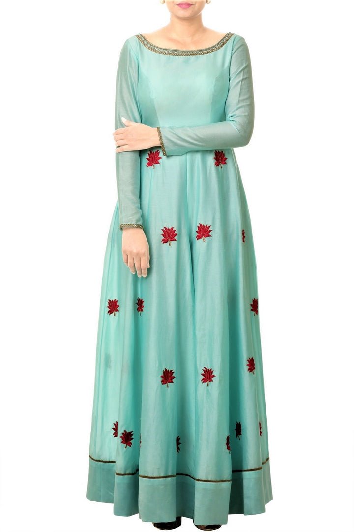 Buy online pastel blue floor length chanderi Anarkali with leggings in USA at Pure Elegance. Make your festive collection exquisite with a range of Indian designer dresses, suits, Anarkali dresses from our exclusive clothing store in USA. You can also browse through our online store and shop online.-full view
