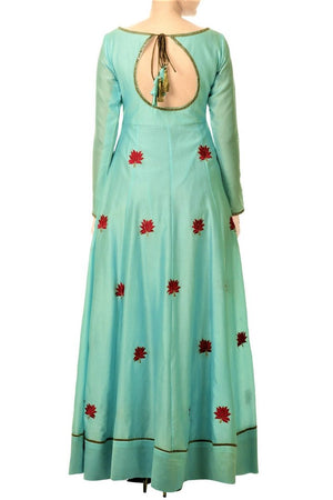 Buy online pastel blue floor length chanderi Anarkali with leggings in USA at Pure Elegance. Make your festive collection exquisite with a range of Indian designer dresses, suits, Anarkali dresses from our exclusive clothing store in USA. You can also browse through our online store and shop online.-back