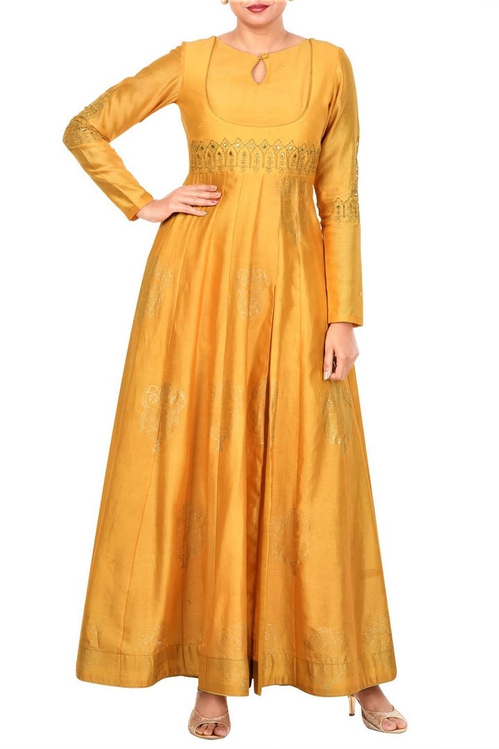 Buy online mustard floor length chanderi cape in USA at Pure Elegance. Make your festive collection exquisite with a range of Indian designer dresses, suits, Anarkali dresses from our exclusive clothing store in USA. You can also browse through our online store and shop online.-full view