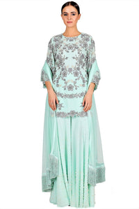 Buy powder blue embroidered A-line kurta with sharara and dupatta online in USA. Give your wardrobe an exquisite variety of designer dresses, designer gowns, wedding lehengas, Anarkali suits, Indian sarees from Pure Elegance Indian clothing store in USA or from our online store.-full view