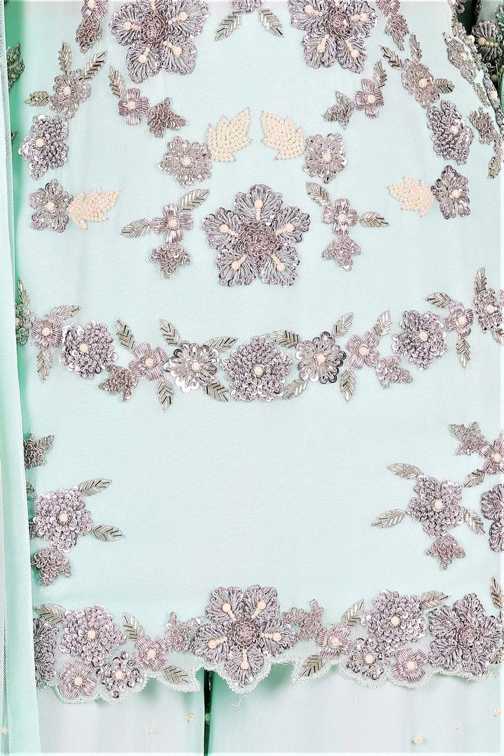 Buy powder blue embroidered A-line kurta with sharara and dupatta online in USA. Give your wardrobe an exquisite variety of designer dresses, designer gowns, wedding lehengas, Anarkali suits, Indian sarees from Pure Elegance Indian clothing store in USA or from our online store.-embroidery