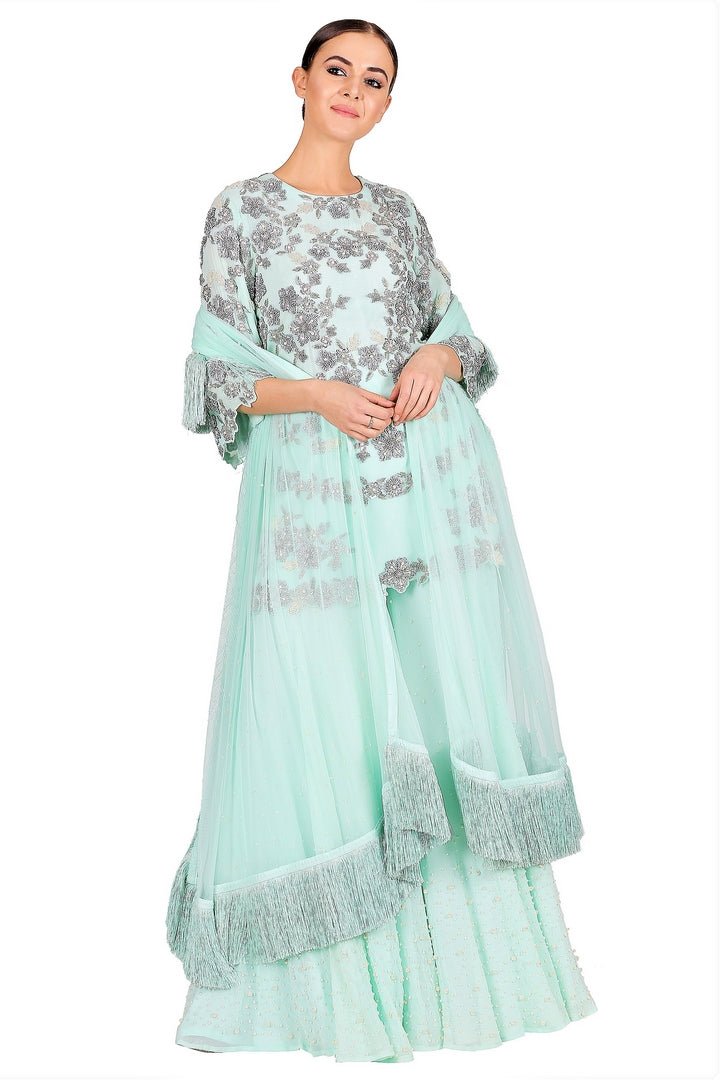 Buy powder blue embroidered A-line kurta with sharara and dupatta online in USA. Give your wardrobe an exquisite variety of designer dresses, designer gowns, wedding lehengas, Anarkali suits, Indian sarees from Pure Elegance Indian clothing store in USA or from our online store.-side