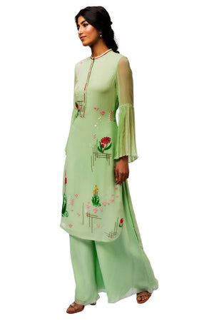 Shop sea green embroidered georgette kurta with pants online in USA. Revamp your wardrobe with an exquisite variety of designer dresses, designer gowns, wedding lehengas, designer suits by Abirr N' Nanki available at Pure Elegance Indian clothing store in USA or shop from our online store.-side