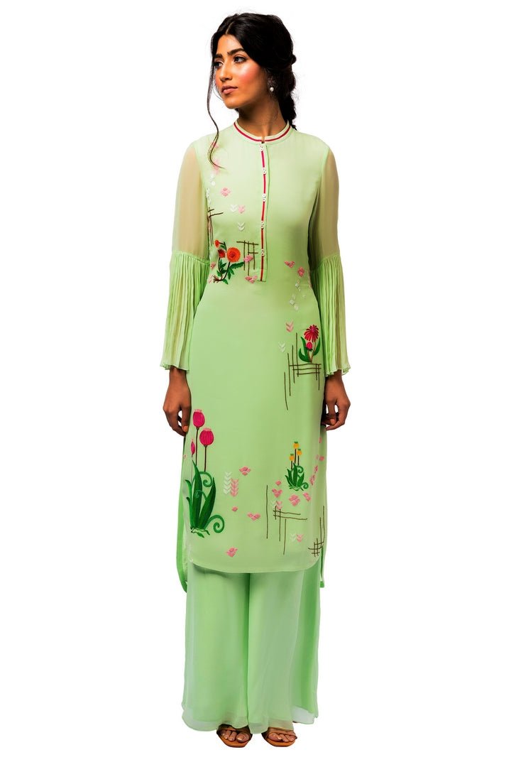 Shop sea green embroidered georgette kurta with pants online in USA. Revamp your wardrobe with an exquisite variety of designer dresses, designer gowns, wedding lehengas, designer suits by Abirr N' Nanki available at Pure Elegance Indian clothing store in USA or shop from our online store.-full view