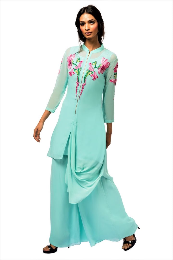 Shop sky blue embroidered georgette kurta with palazzo online in USA. Revamp your wardrobe with an exquisite variety of designer dresses, designer gowns, wedding lehengas, designer suits by Abirr N' Nanki available at Pure Elegance Indian clothing store in USA or shop from our online store.-full view