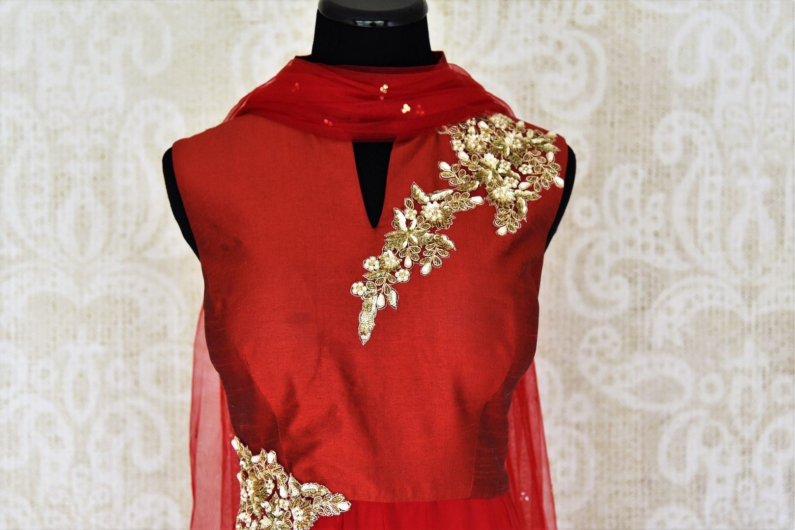Shop red color embroidered georgette silk suit online in USA with dupatta. Find a range of Indian designer suits at Pure Elegance clothing store in USA. Keep your ethnic look perfect with a range of traditional Indian clothing, designer silk sarees, wedding sarees, wedding dresses and much more also available at our online store. -top