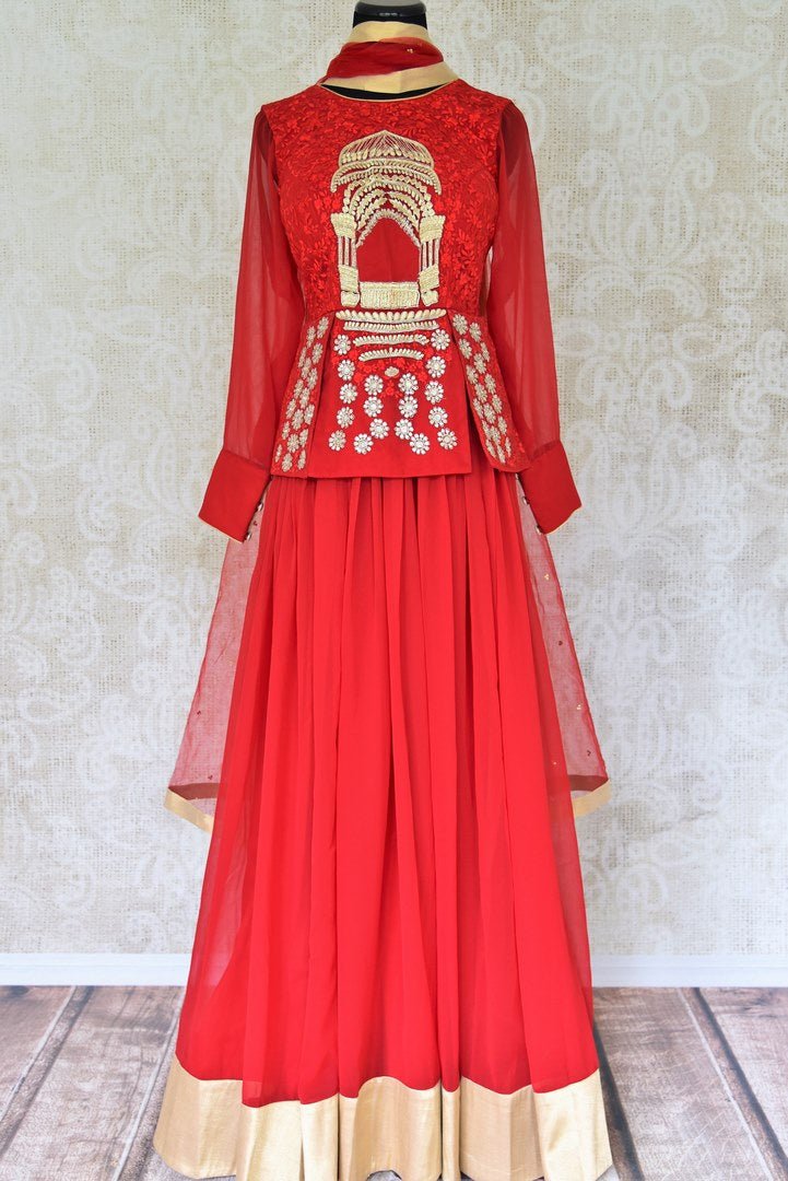 Buy red embroidered georgette silk floor length suit online in USA with dupatta. Find a range of Indian designer suits at Pure Elegance clothing store in USA. Keep your ethnic look perfect with a range of traditional Indian clothing, designer silk sarees, wedding sarees, wedding dresses and much more also available at our online store. -full view