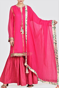 Buy hot pink kota doria kurta with sharara online in USA and dupatta. For more such gorgeous designer dresses, shop at Pure Elegance Indian fashion store in USA. A beautiful range of traditional Indian sarees and designer clothing is available for Indian women living in USA. You can also shop at our online store.-full view