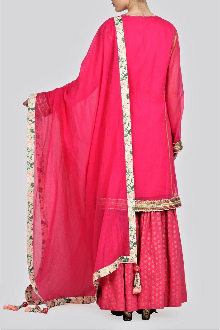 Buy hot pink kota doria kurta with sharara online in USA and dupatta. For more such gorgeous designer dresses, shop at Pure Elegance Indian fashion store in USA. A beautiful range of traditional Indian sarees and designer clothing is available for Indian women living in USA. You can also shop at our online store.-back