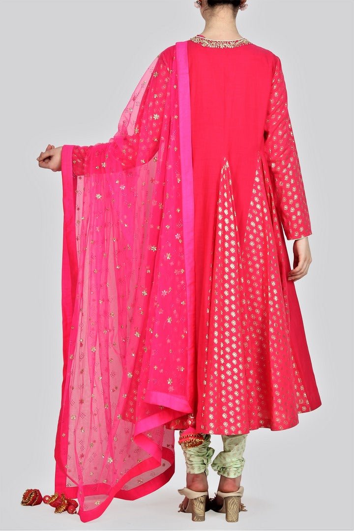 Buy Online Hot Pink Embroidered Kalidaar Suit with Churidaar and