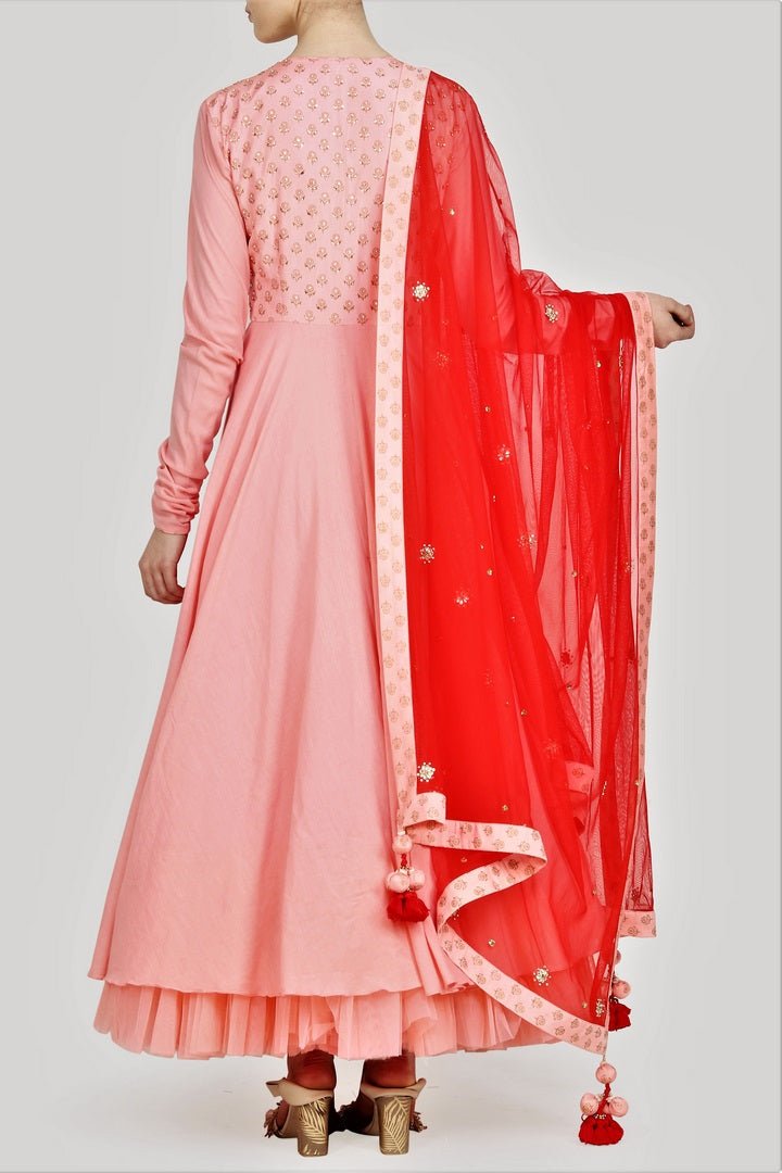 Buy rose pink pink embroidered cotton silk kalidaar suit with churidaar online in USA and dupatta. For more such gorgeous designer dresses, shop at Pure Elegance Indian fashion store in USA. A beautiful range of traditional Indian sarees and designer suits is available for Indian women living in USA. You can also shop at our online store.-back
