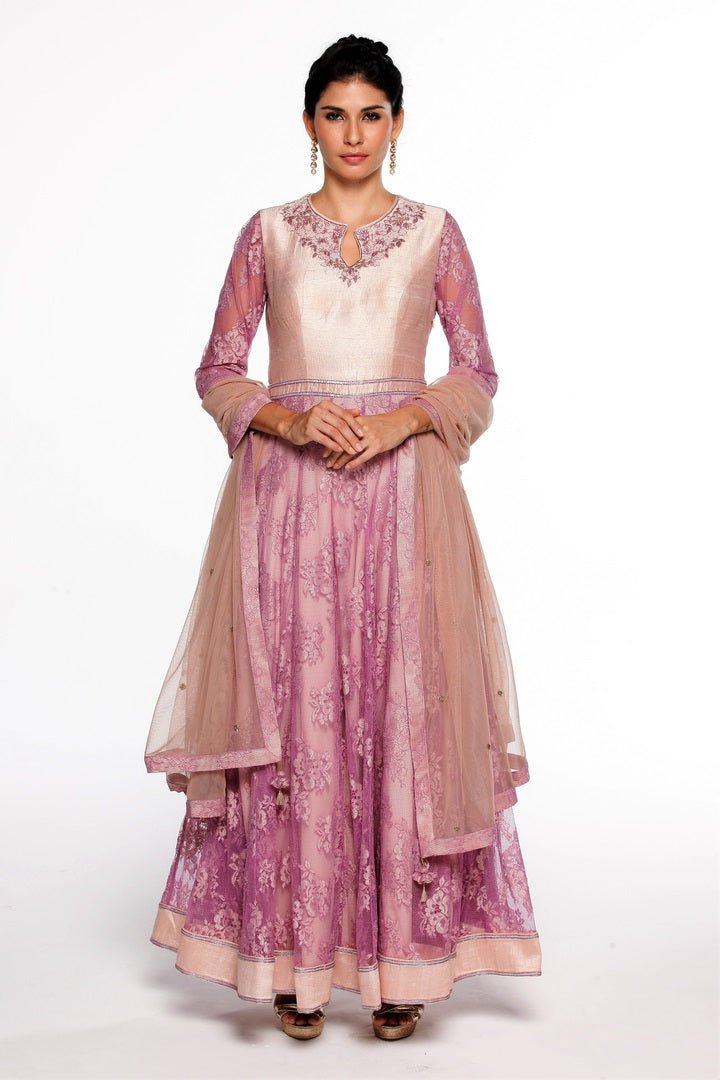 Shop purple embroidered metallic lace suit online in USA  at Pure Elegance online store. Get a gorgeous ethnic look with a range of exquisite Indian designer dresses from our clothing store in USA. We also got a diverse range of Indowestern dresses in USA. Shop now.-full view