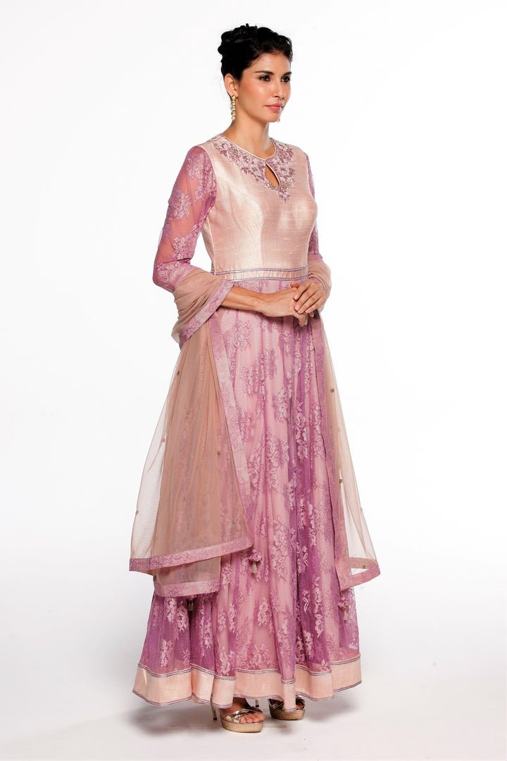Shop purple embroidered metallic lace suit online in USA  at Pure Elegance online store. Get a gorgeous ethnic look with a range of exquisite Indian designer dresses from our clothing store in USA. We also got a diverse range of Indowestern dresses in USA. Shop now.-right