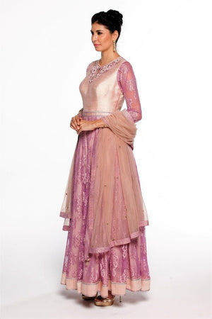 Shop purple embroidered metallic lace suit online in USA  at Pure Elegance online store. Get a gorgeous ethnic look with a range of exquisite Indian designer dresses from our clothing store in USA. We also got a diverse range of Indowestern dresses in USA. Shop now.-left