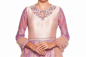 Shop purple embroidered metallic lace suit online in USA  at Pure Elegance online store. Get a gorgeous ethnic look with a range of exquisite Indian designer dresses from our clothing store in USA. We also got a diverse range of Indowestern dresses in USA. Shop now.-top