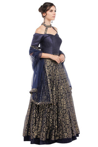 Shop designer dark blue off shoulder lace Anarkali suit online in USA  at Pure Elegance online store. Get a gorgeous ethnic look with a range of exquisite Indian designer dresses from our clothing store in USA. We also got a diverse range of Indowestern dresses in USA. Shop now.-full view