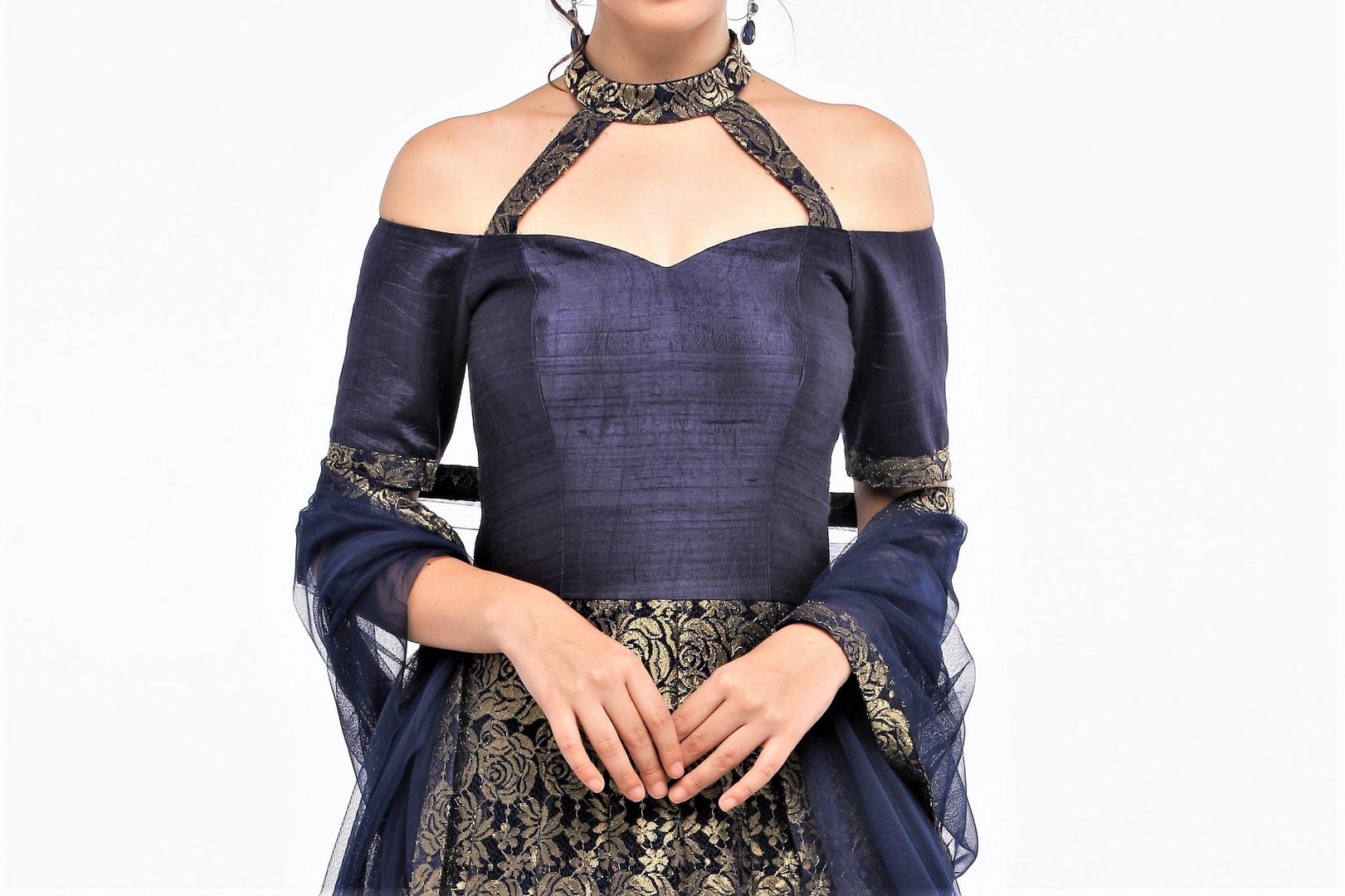 Shop designer dark blue off shoulder lace Anarkali suit online in USA  at Pure Elegance online store. Get a gorgeous ethnic look with a range of exquisite Indian designer dresses from our clothing store in USA. We also got a diverse range of Indowestern dresses in USA. Shop now.-top