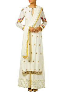 Shop online ivory embroidered chanderi kurta with palazzo pants and dupatta in USA. Find a range of Indian wedding dresses for brides at Pure Elegance clothing store in USA. Keep your ethnic look perfect with a range of traditional Indian clothing, designer silk saris, wedding saris and much more also available at our online store. -full view