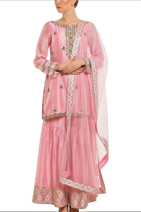 Buy rose pink embroidered chanderi silk kurta with sharara pants online in USA. Find a range of Indian wedding dresses for brides at Pure Elegance clothing store in USA. Keep your ethnic look perfect with a range of traditional Indian clothing, designer silk saris, wedding saris and much more also available at our online store. -full view
