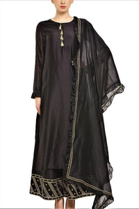 Shop black chanderi silk kurta with palazzo online in USA. Find a range of Indian designer suits at Pure Elegance clothing store in USA. Keep your ethnic look perfect with a range of traditional Indian clothing, designer silk sarees, wedding sarees and much more also available at our online store. -full view