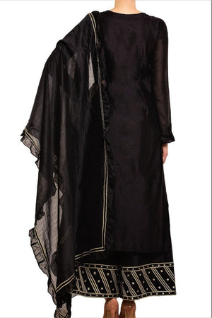 Shop black chanderi silk kurta with palazzo online in USA. Find a range of Indian designer suits at Pure Elegance clothing store in USA. Keep your ethnic look perfect with a range of traditional Indian clothing, designer silk sarees, wedding sarees and much more also available at our online store. -back