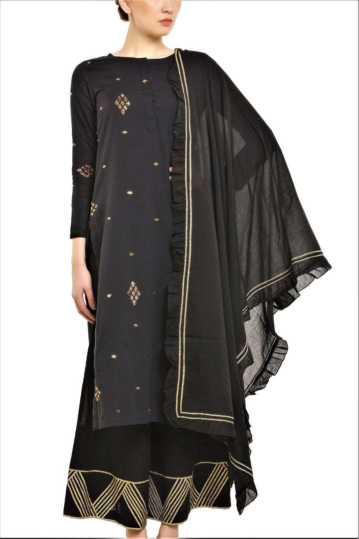 Shop elegant black mul kurta with palazzo online in USA. Find a range of Indian designer suits at Pure Elegance clothing store in USA. Keep your ethnic look perfect with a range of traditional Indian clothing, designer silk sarees, wedding sarees and much more also available at our online store. -full view