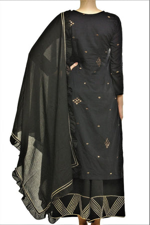 Shop elegant black mul kurta with palazzo online in USA. Find a range of Indian designer suits at Pure Elegance clothing store in USA. Keep your ethnic look perfect with a range of traditional Indian clothing, designer silk sarees, wedding sarees and much more also available at our online store. -back