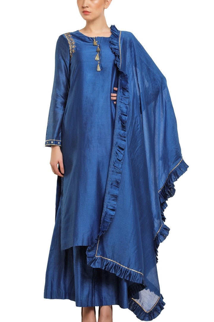 Buy blue color chanderi silk kurta with palazzo online in USA. Find a range of Indian designer suits at Pure Elegance clothing store in USA. Keep your ethnic look perfect with a range of traditional Indian clothing, designer silk sarees, wedding sarees and much more also available at our online store. -full view