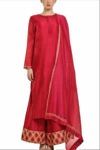 Shop red color chanderi silk kurta with palazzo online in USA. Find a range of Indian designer suits at Pure Elegance clothing store in USA. Keep your ethnic look perfect with a range of traditional Indian clothing, designer silk sarees, wedding sarees, wedding dresses and much more also available at our online store. -full view