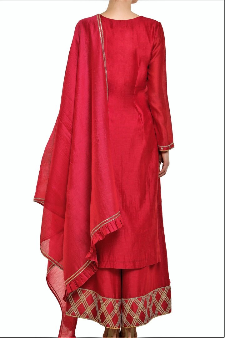 Shop red color chanderi silk kurta with palazzo online in USA. Find a range of Indian designer suits at Pure Elegance clothing store in USA. Keep your ethnic look perfect with a range of traditional Indian clothing, designer silk sarees, wedding sarees, wedding dresses and much more also available at our online store. -back