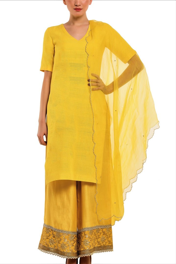 Shop yellow color kurta with embroidered palazzo online in USA. Find a range of Indian designer suits at Pure Elegance clothing store in USA. Keep your ethnic look perfect with a range of traditional Indian clothing, designer silk sarees, wedding sarees, wedding dresses and much more also available at our online store. -full view