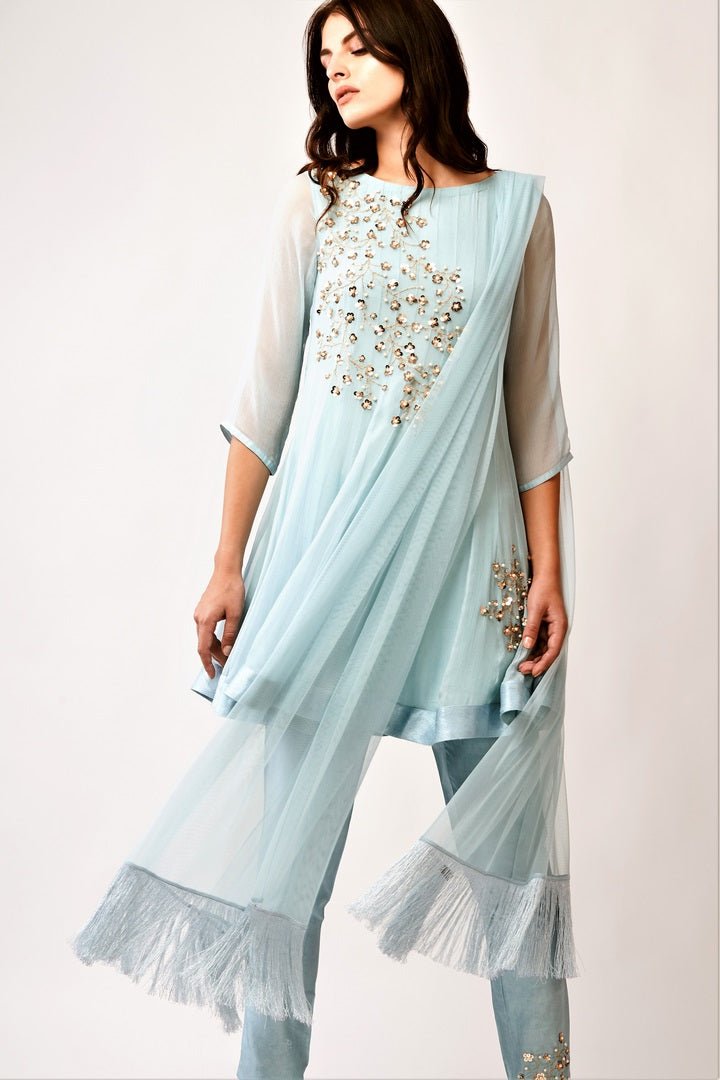 Buy soft blue embroidered chiffon short Anarkali with crop pants online in USA. You can find a fine collection of Indian designer dresses in USA at Pure Elegance clothing store. Our range of traditional Indian clothing, designer silk saris, designer suits,  at our online store is sure to leave you awestruck. -full view