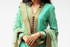 Buy mint green Lucknowi short kalidaar suit with palazzo online in USA with velvet zardozi work. Get occasion ready with a stunning range of Indian designer suits from Pure Elegance fashion store in USA. We bring the best designer dresses for Indian women in USA at our online store. Shop now.-kurta