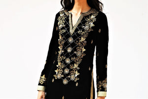 Buy black silk velvet embroidered Afghani inspired kurta with palazzo online in USA. Get occasion ready with a stunning range of Indian designer suits from Pure Elegance fashion store in USA. We bring the best designer dresses for Indian women in USA at our online store. Shop now-details